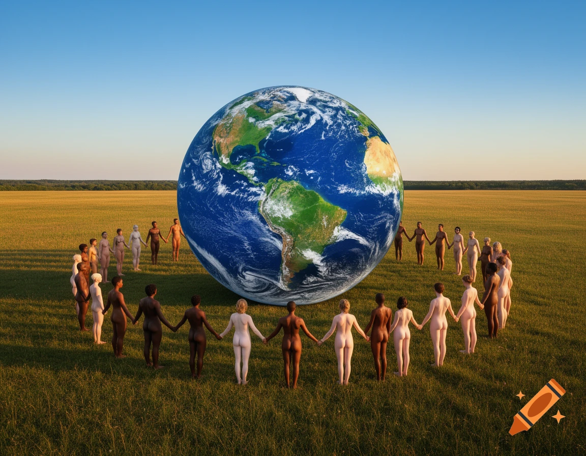 A diverse group of naked people holding hands in a circle around a large Earth globe in a grassy field at sunset. Photorealistic style.