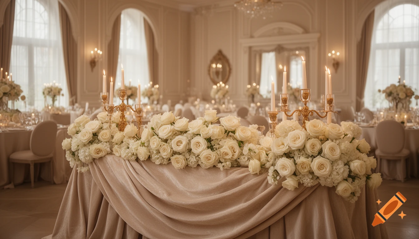 Luxurious wedding reception table with white roses, golden candelabras, lit candles, and draped fabric in an elegant ballroom.