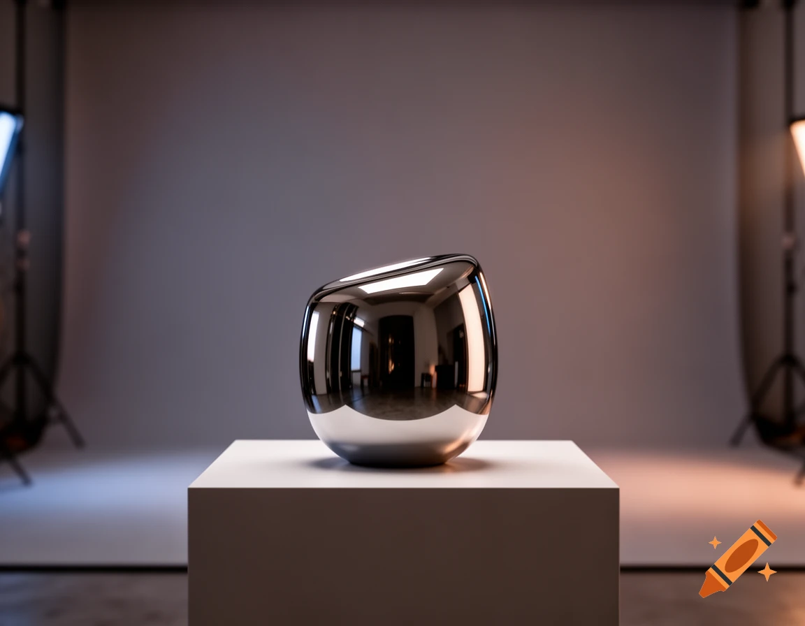 A highly reflective, organic-shaped chrome object displayed on a white pedestal in a photo studio.