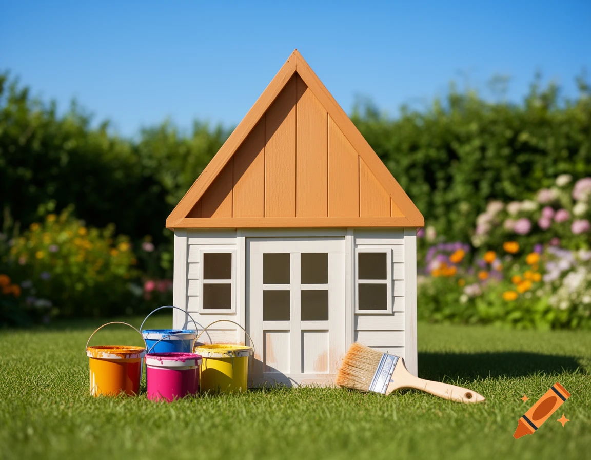 A small, white and orange playhouse or shed with several colorful paint cans and a paintbrush on green grass in a sunny garden.