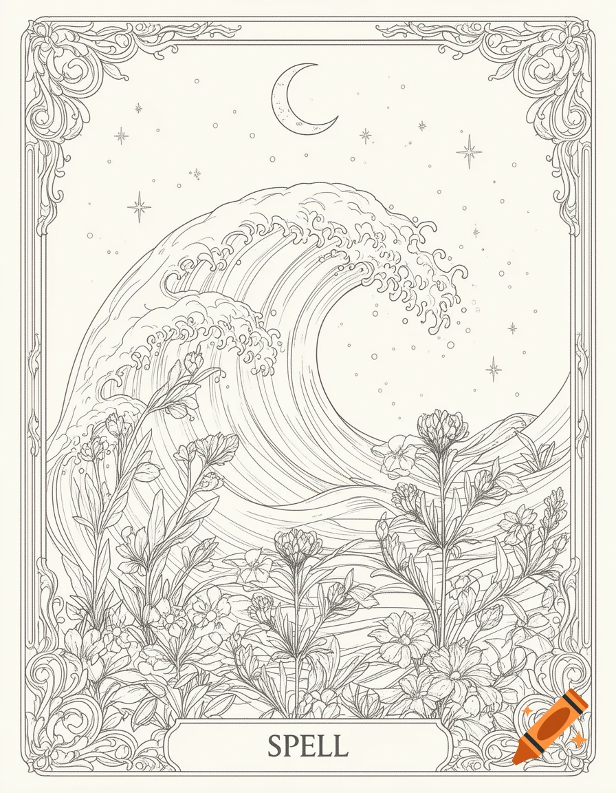 Fineline tarot card style illustration of a cresting wave, flowers, a crescent moon, and stars, with the word SPELL at the bottom.