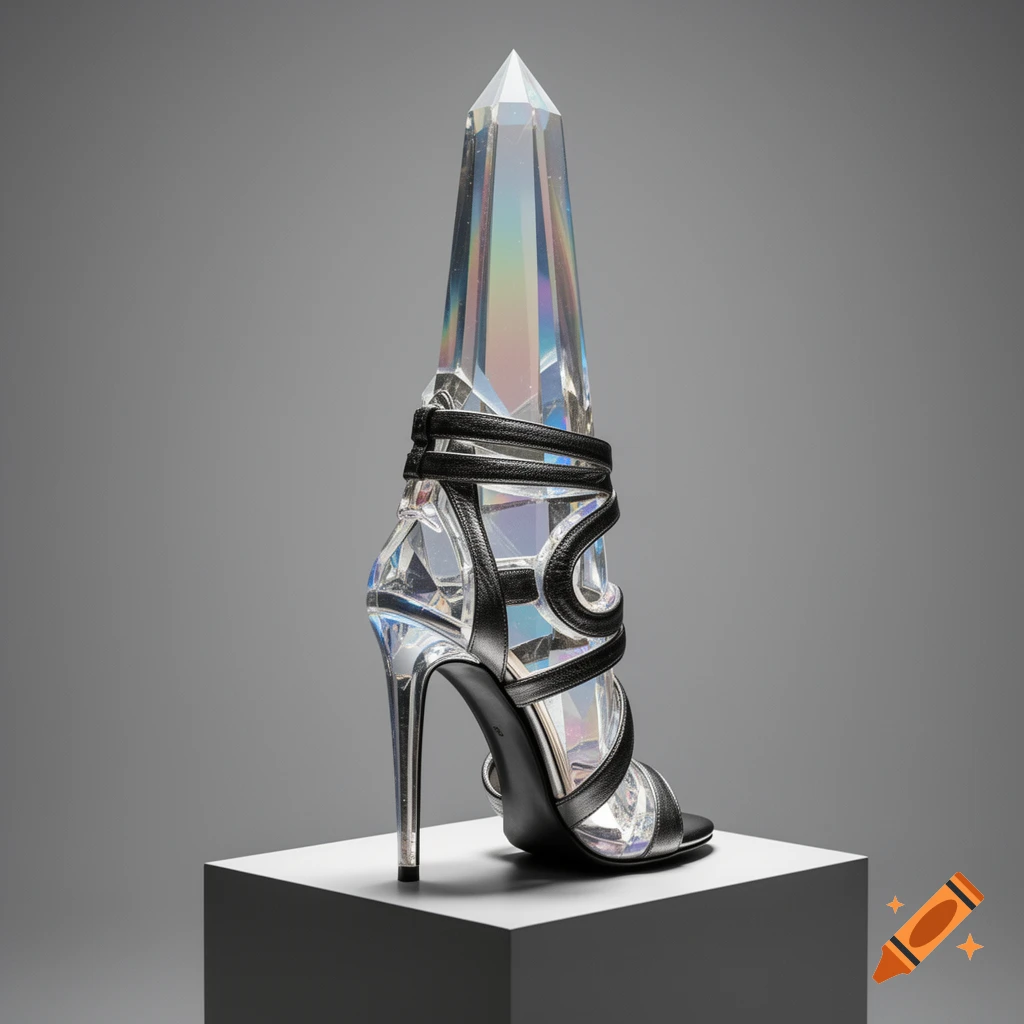 A clear crystal high-heeled shoe wrapped in black straps with a tall, pointed crystal obelisk upper, on a white pedestal.