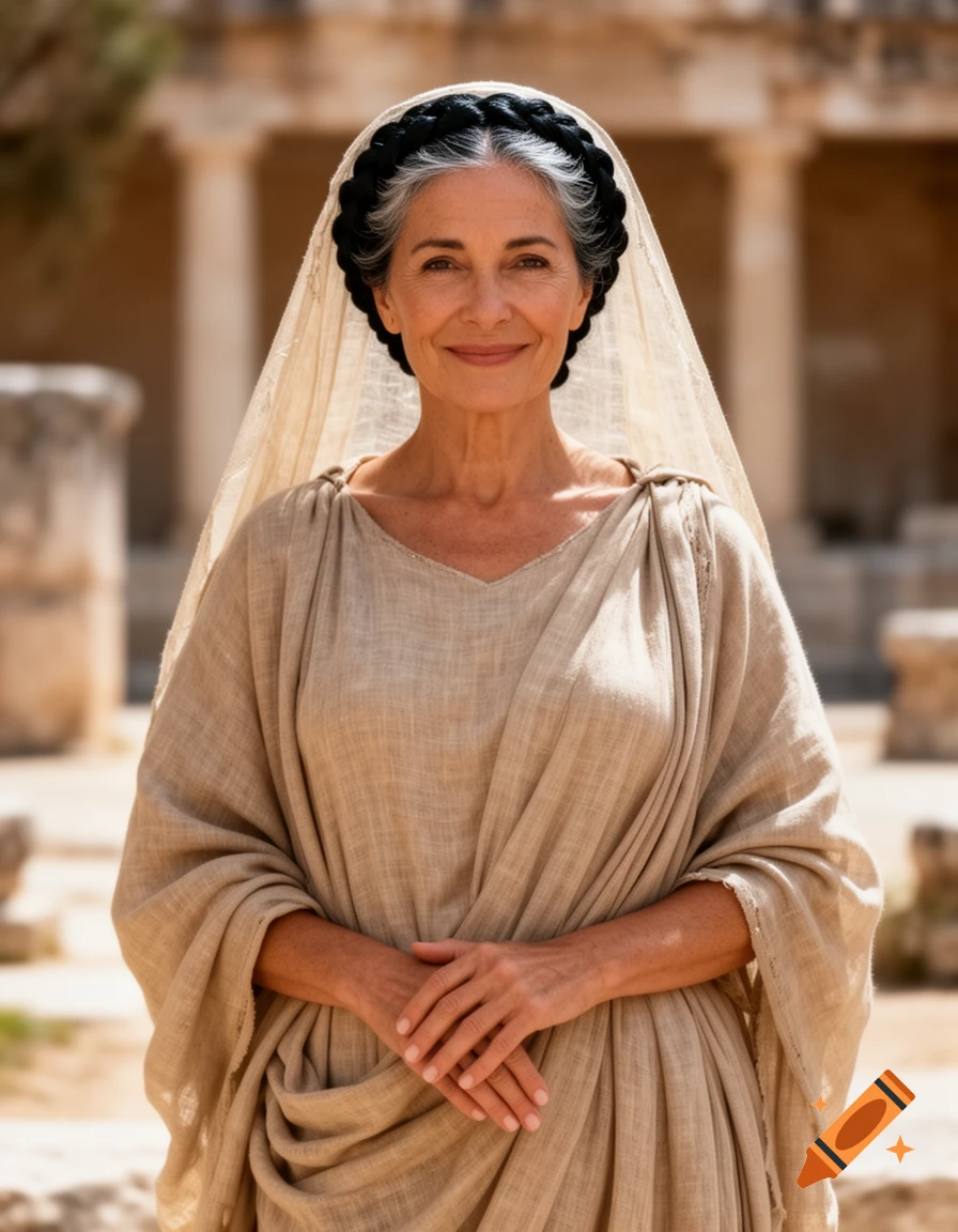 A photorealistic portrait of an older woman in a traditional Greek robe and veil, smiling gently against a backdrop of ancient ruins.