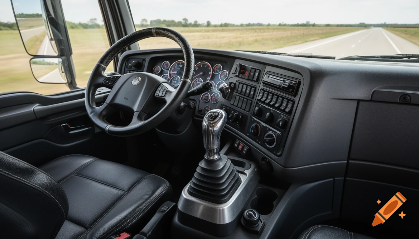 Photorealistic view from inside a heavy truck cockpit, showing the steering wheel, dashboard, and gear shifter, with a highway visible through the windshield.