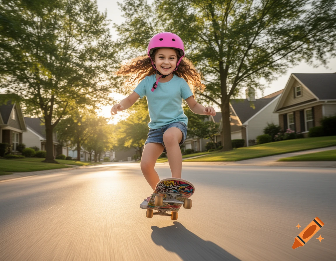 A smiling young girl in a pink helmet and blue shirt rides a skateboard down a sunlit suburban street.