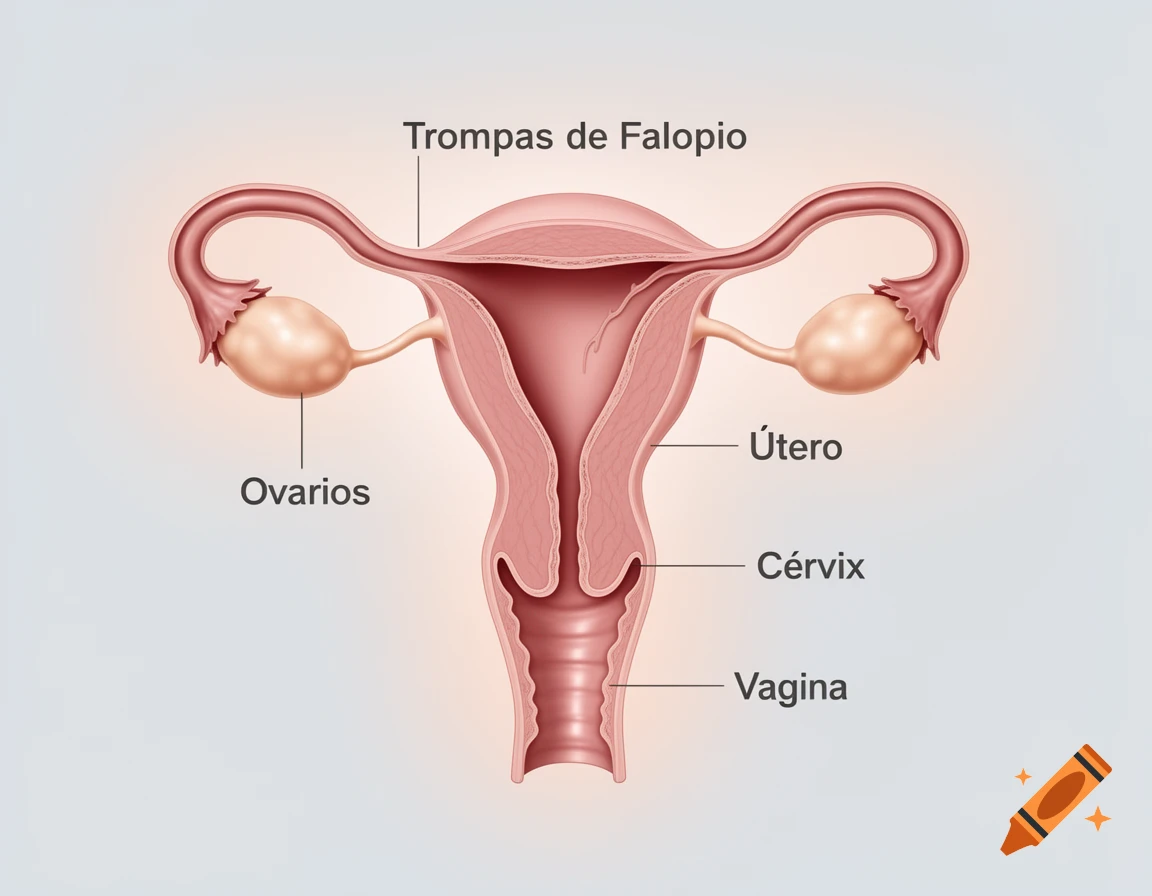 A detailed diagram of the female reproductive system with parts like uterus, ovaries, fallopian tubes, cervix, and vagina labeled in Spanish.