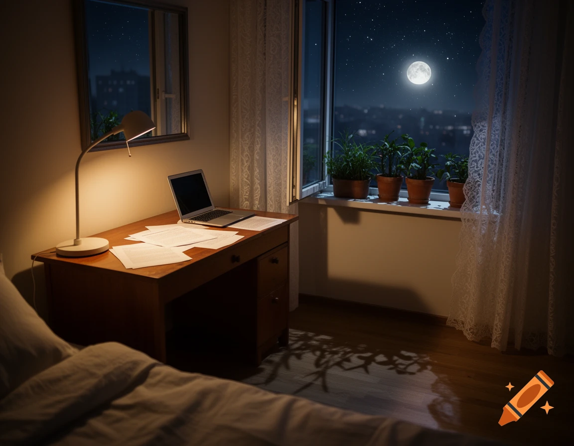 A cozy bedroom at night with a lit desk, laptop, and papers. A window shows a full moon in a starry sky, with potted plants on the sill.