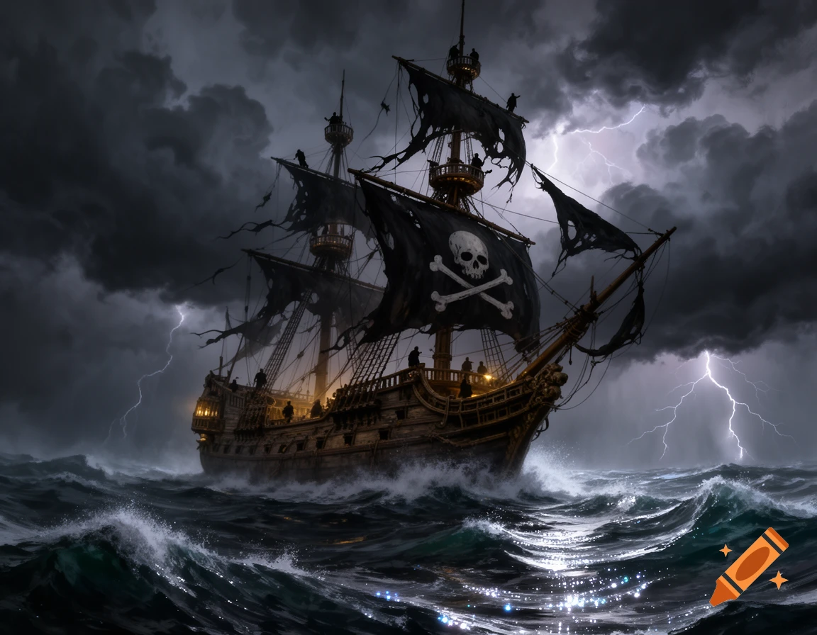 A large pirate ship with tattered sails and a skull and crossbones flag sails through a stormy sea with lightning.
