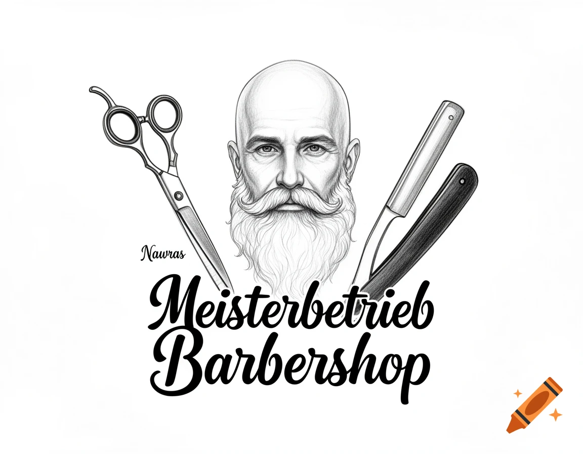 Black and white sketch logo with a bald man's head, long beard, scissors, razor, and 'Nawras Meisterbetrieb Barbershop' text.