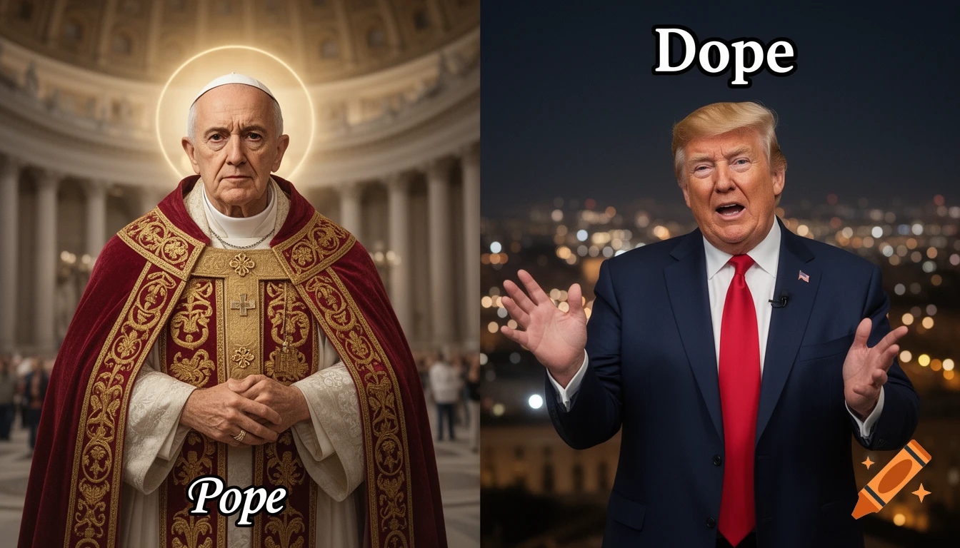 A split image showing the Pope on the left, captioned 'Pope', and Donald Trump on the right, captioned 'Dope', both photorealistic.