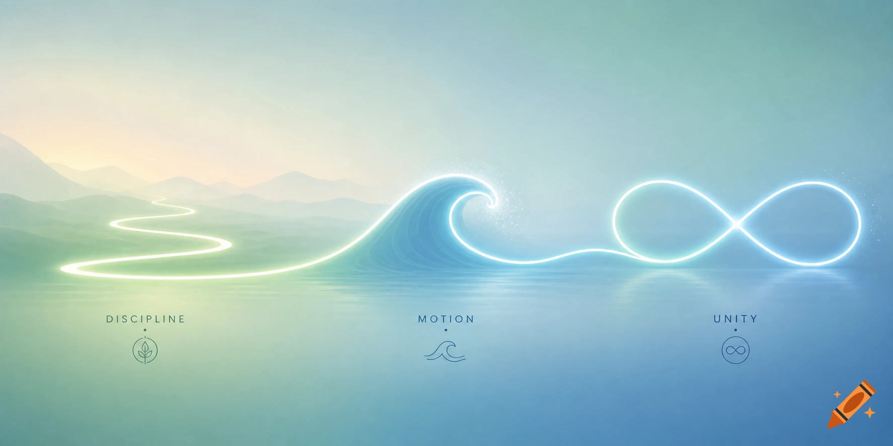 A glowing line transforms from a path over green mountains into a blue wave, then an infinity symbol over water, with labels Discipline, Motion, Unity.