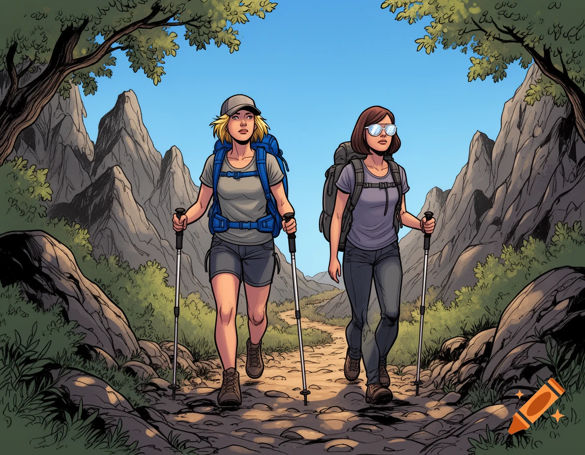 Two women in comic style hike a mountain trail, one with blonde hair and a cap, the other with brown hair and sunglasses.
