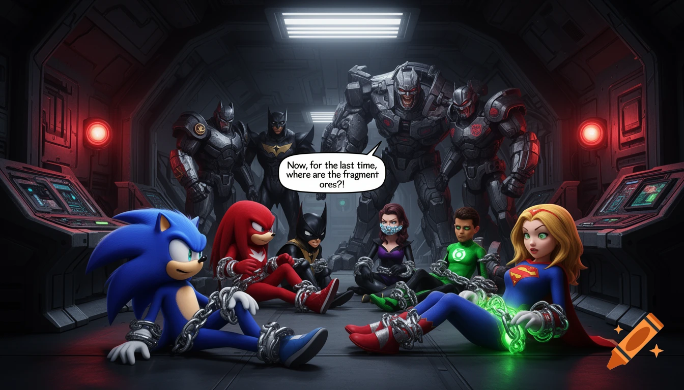 Chained cartoon heroes like Sonic, Supergirl, and Green Lantern are interrogated by large armored figures in a dark sci-fi room.