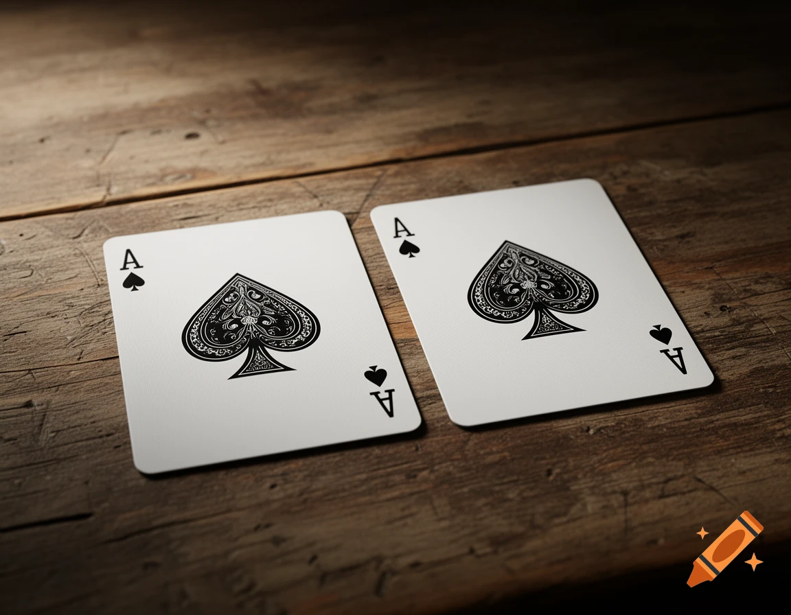 Two photorealistic Ace of spades playing cards lie next to each other on a wooden table.