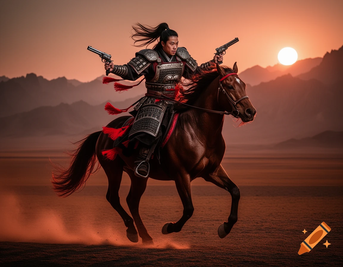 Armored figure on horseback in a desert at sunset, holding two revolvers, with dust rising from the galloping horse.
