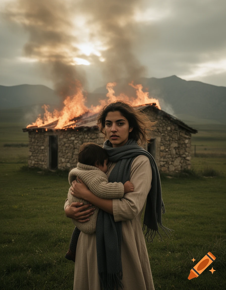 A somber woman holds a child in a grassy field before a burning stone house under an overcast sky, mountains in the distance.