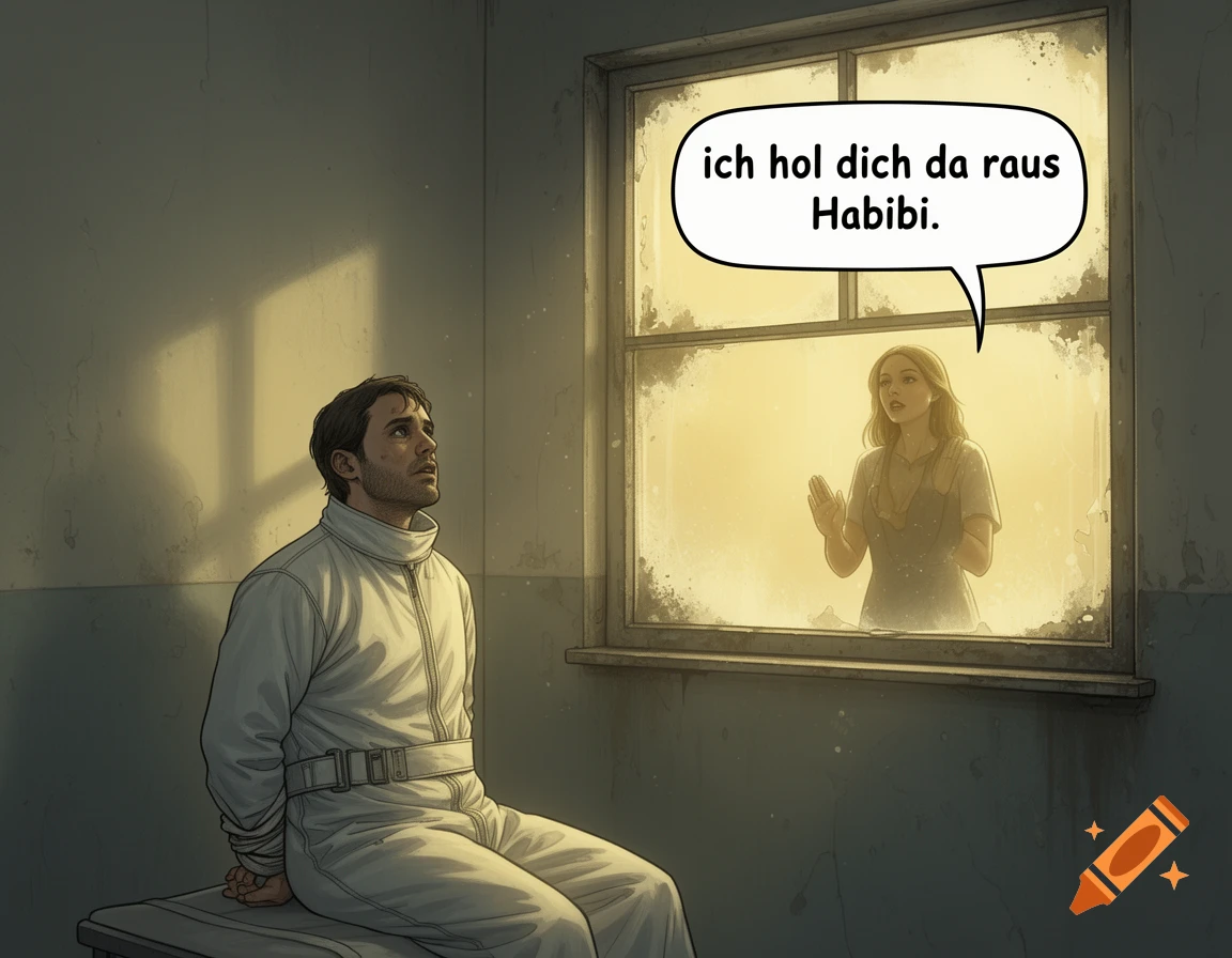 Illustrative scene of a man in a straitjacket looking up as a woman outside a grimy window speaks to him.
