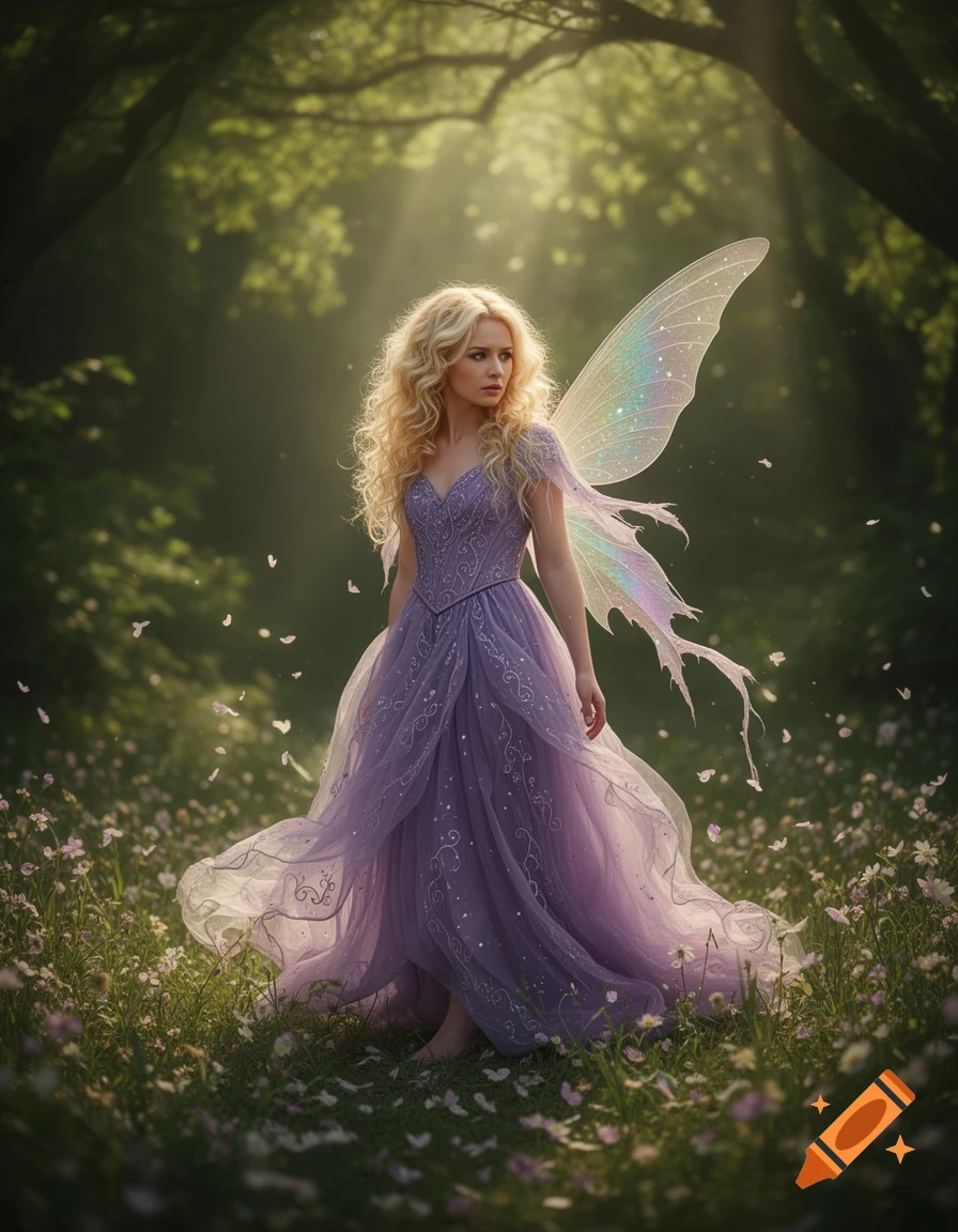 Blonde fairy in a flowing purple dress with iridescent wings stands in a sunlit forest clearing with flowers.