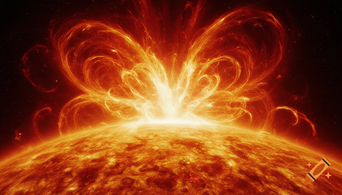A close-up of a fiery red and orange sun with a massive, brilliant solar flare erupting into dark space.