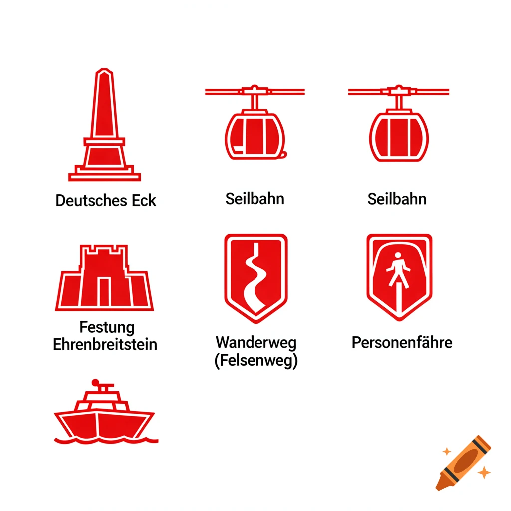 A grid of red and white travel icons, including landmarks, a cable car, a fortress, a hiking path, and a ferry, each labeled in German text.
