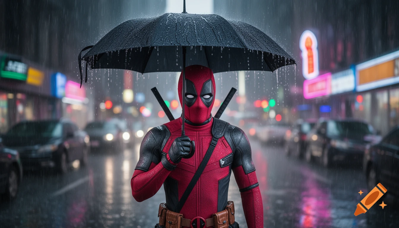 Photorealistic depiction of Deadpool in a red and black suit, holding an umbrella in a rainy city street at night.