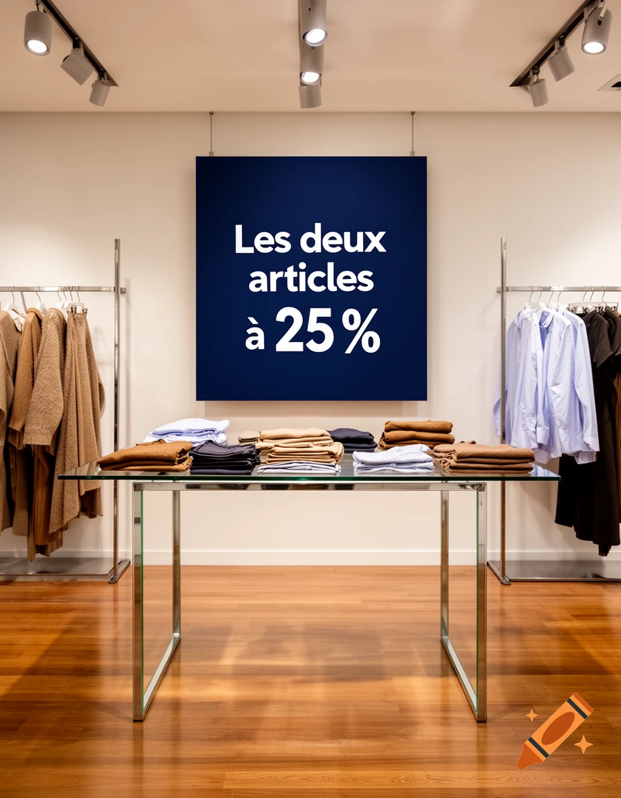 A photorealistic view of a modern clothing store interior with a sale sign and folded clothes on a glass table.