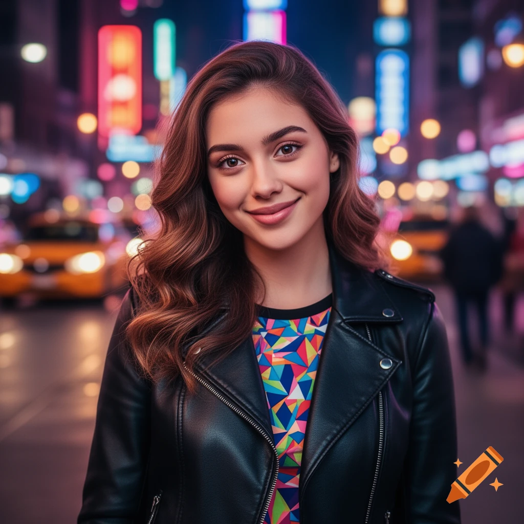 A smiling young woman in a black leather jacket and a colorful geometric shirt stands on a neon-lit city street at night.
