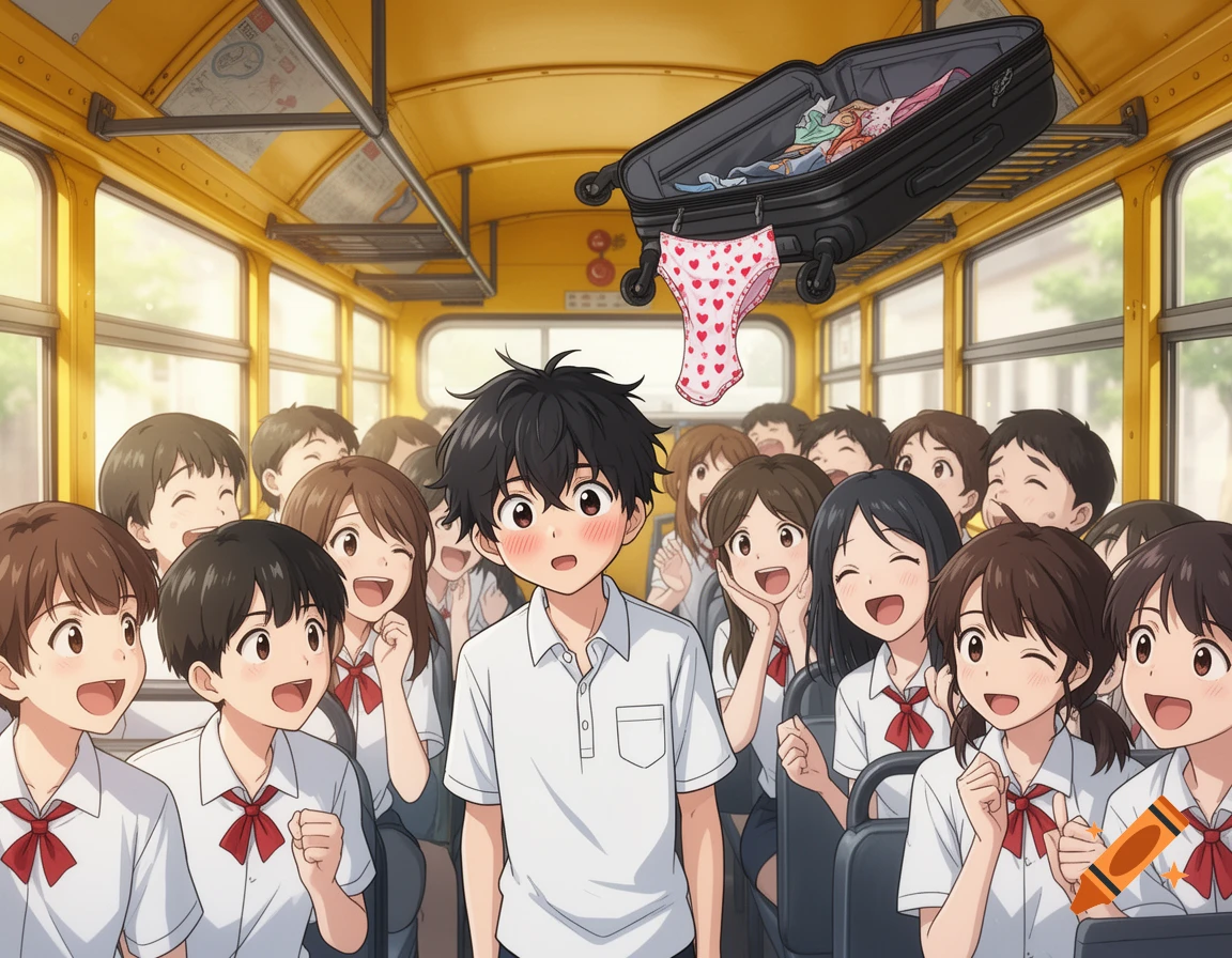 Anime students on a yellow school bus. A boy blushes as heart-patterned underwear falls from a suitcase, while girls laugh.