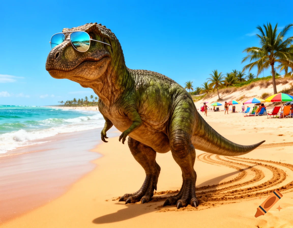 A photorealistic T-Rex wearing aviator sunglasses stands on a sunny tropical beach with palm trees and people in the background.