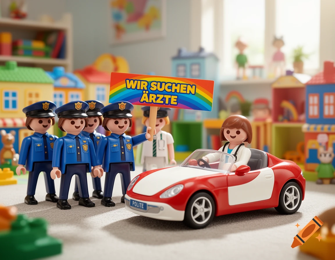 Photorealistic image of Playmobil police figures standing next to a doctor holding a sign that reads "WIR SUCHEN ÄRZTE" (We are looking for doctors), with another doctor driving a red convertible car in a room with toy houses.