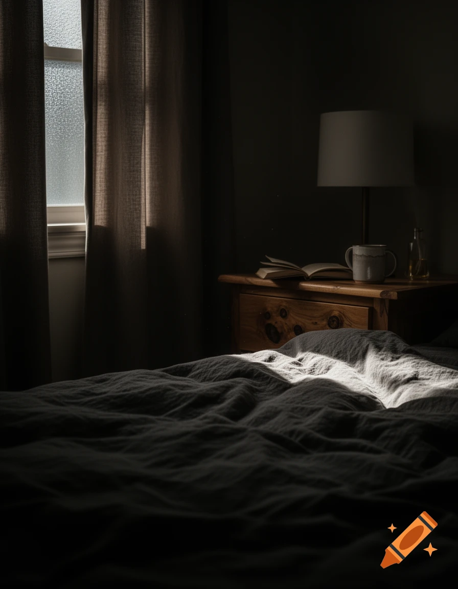 A dark bedroom interior with a rumpled bed, sunlit by a frosted window, and a nightstand holding a lamp, book, and mug.
