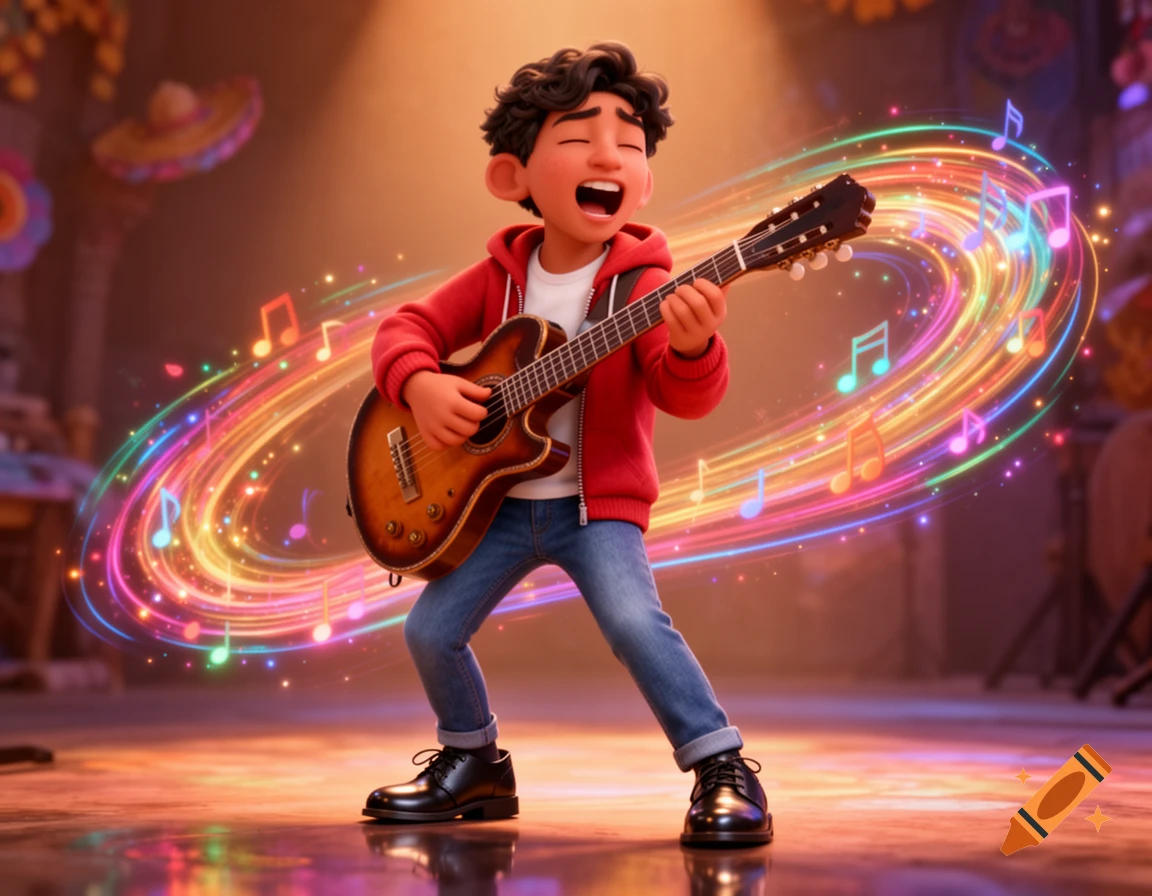 3D animated Miguel from Coco passionately playing an acoustic guitar and singing on a stage, surrounded by glowing musical notes.