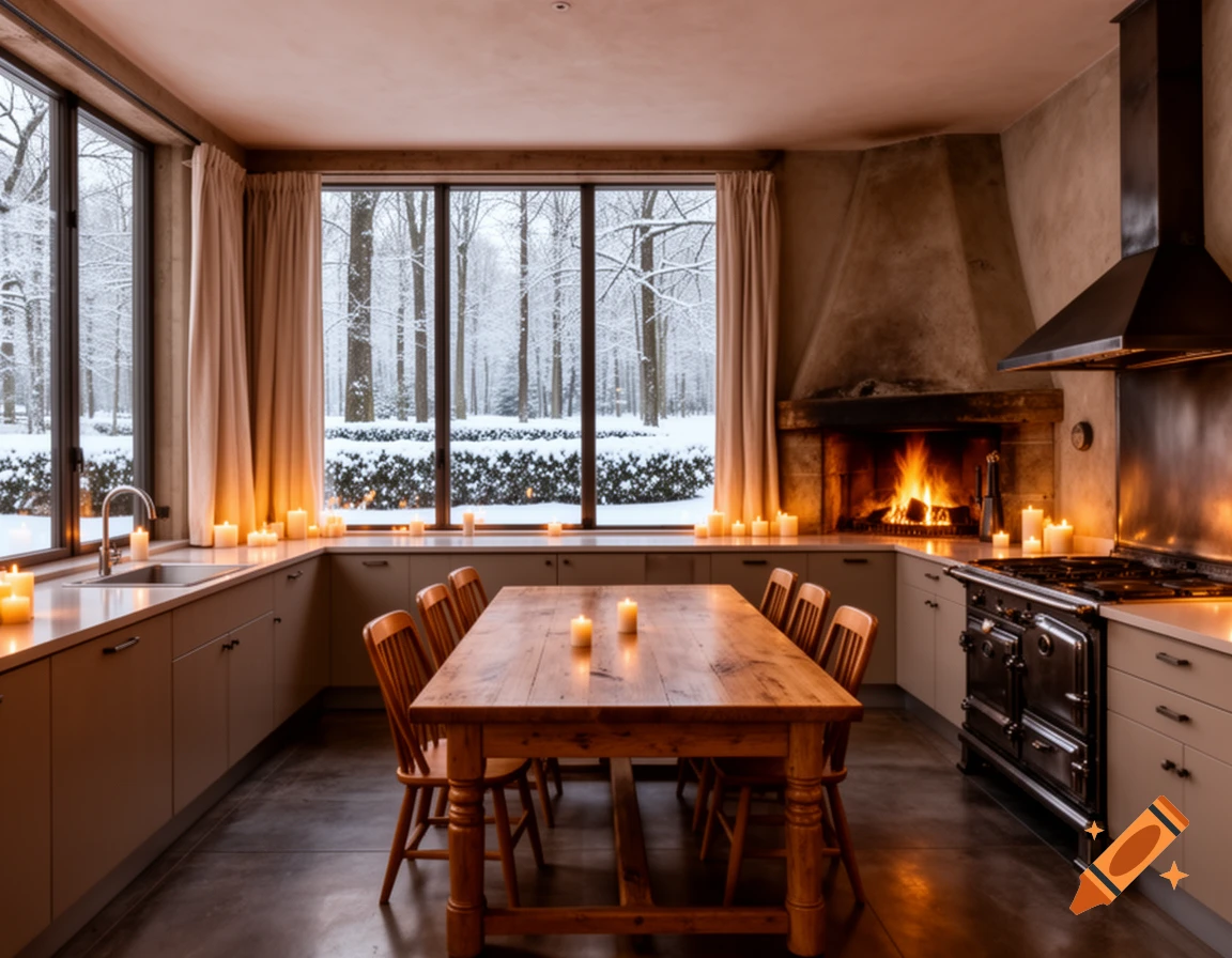 A warm kitchen and dining area with a large wooden table, candles, and a fireplace, overlooking a snowy woodland.