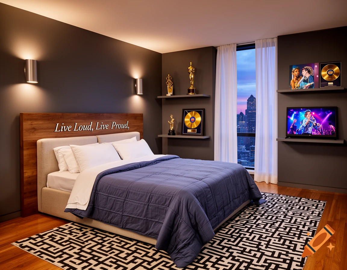 A modern bedroom with dark grey walls, a bed with a wooden headboard reading 'Live Loud, Live Proud,' and a city skyline view.