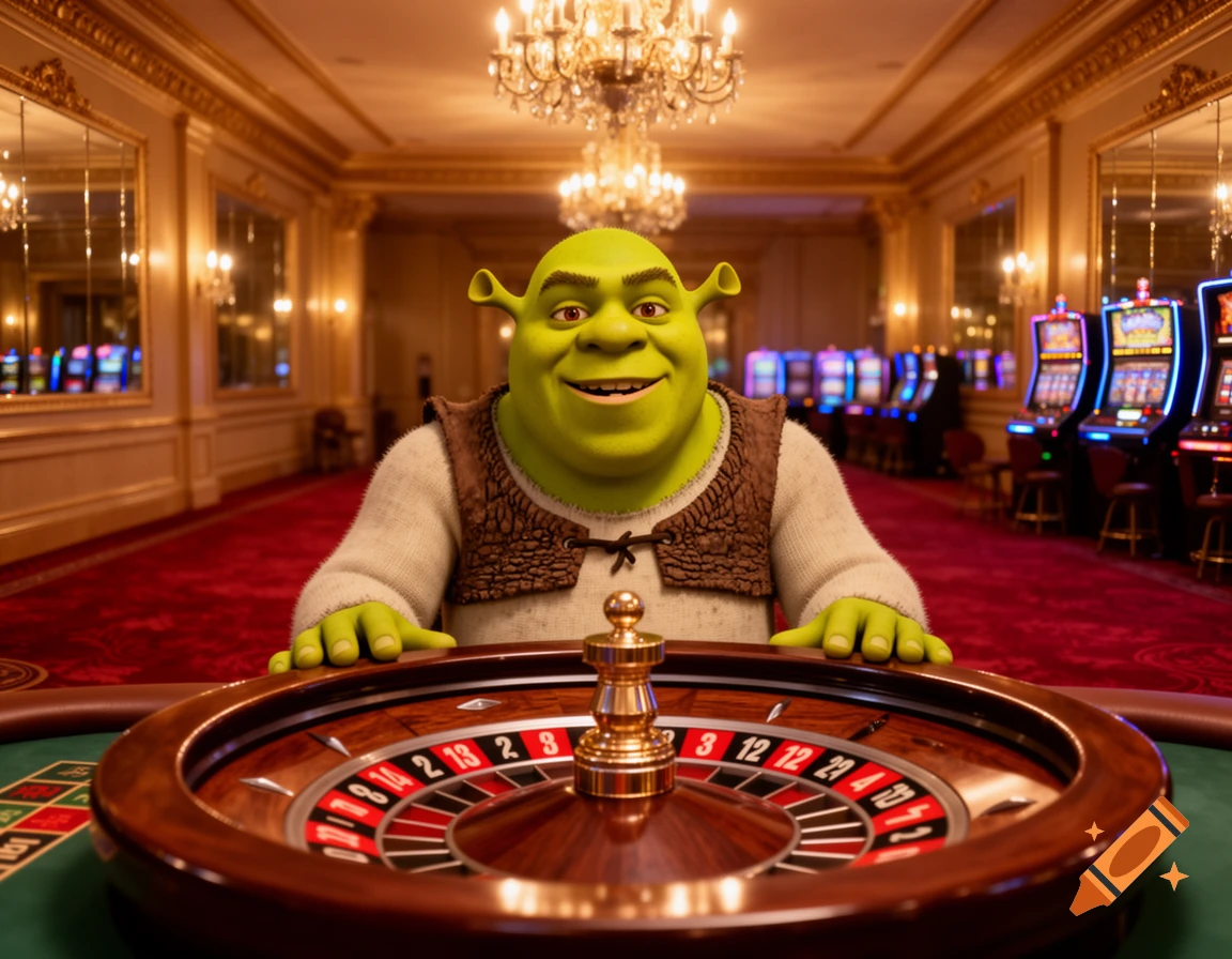 Shrek smiles, leaning over a roulette wheel in a grand casino with slot machines, photorealistic style.