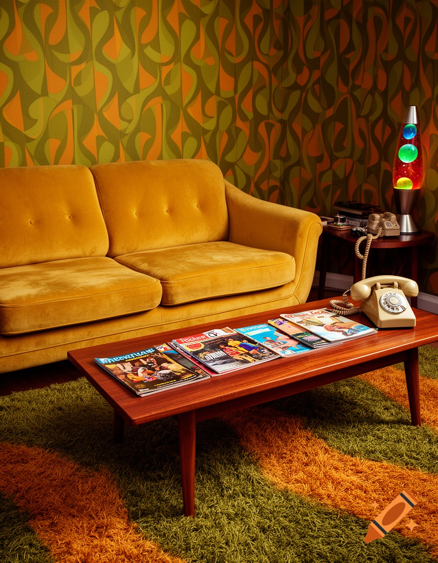 A retro living room with a gold velvet couch, a wooden coffee table with magazines, a lava lamp, a rotary phone, patterned wallpaper, and a shag rug.