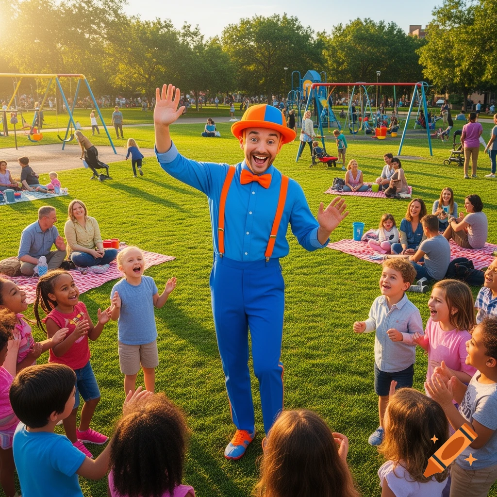 A man dressed as Blippi waves to a group of joyful children gathered around him in a sunny park with a playground in the background.