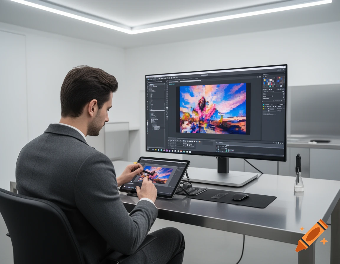 Man in a suit uses a tablet and stylus to edit a pixel art image displayed on a large monitor in a modern office.