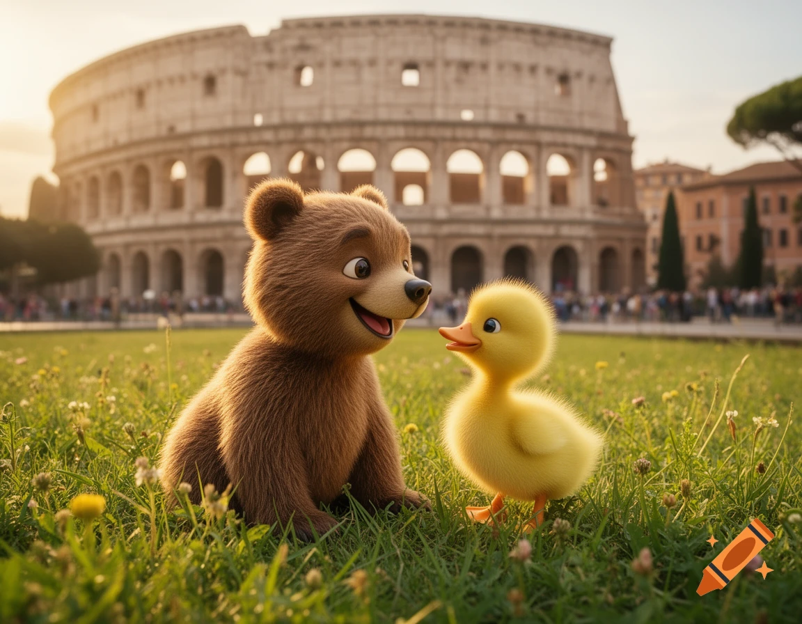A cute animated brown bear and a small yellow duck sit in a grassy field in front of the Colosseum in Rome.