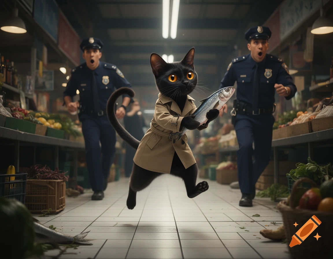 An anthropomorphic black cat in a trench coat runs through a market holding a fish, chased by two police officers in a photorealistic style.