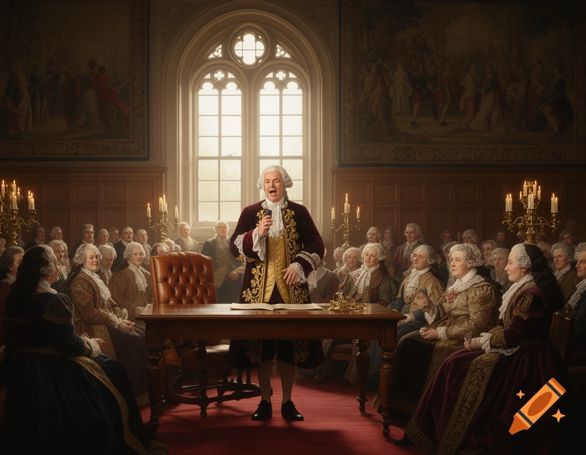 A man in 18th-century noble attire speaks from a desk to an audience in a grand hall, illuminated by a large gothic window.