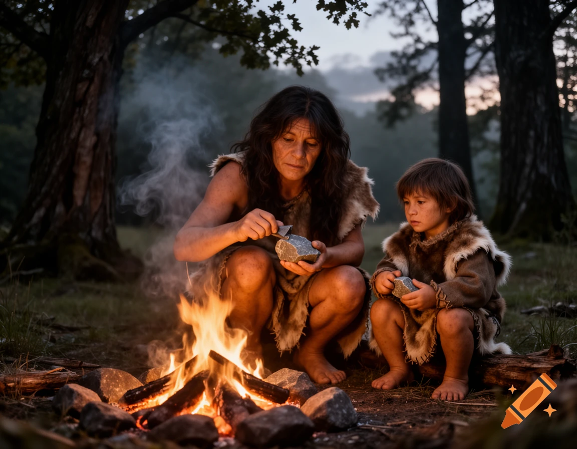 A Neanderthal woman and child crouch by a campfire in a forest at dusk, the woman shaping a stone tool.