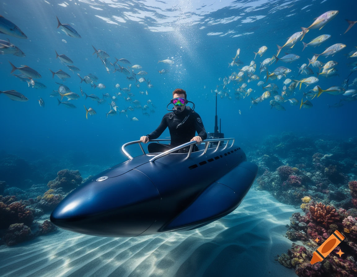 A diver in a black wetsuit and colorful mask pilots a blue personal submarine through clear water with schools of fish and coral.
