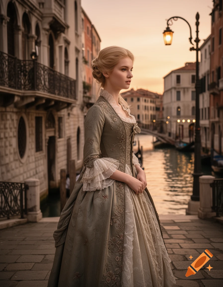 A young blonde woman in an elaborate 18th-century gown stands on a bridge in Venice at sunset.