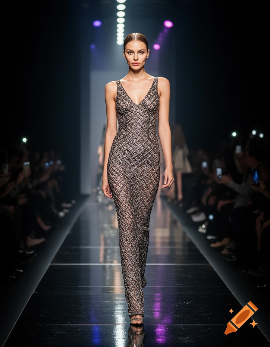 A photorealistic image of a female model walking on a dark runway, wearing a patterned, form-fitting dress.