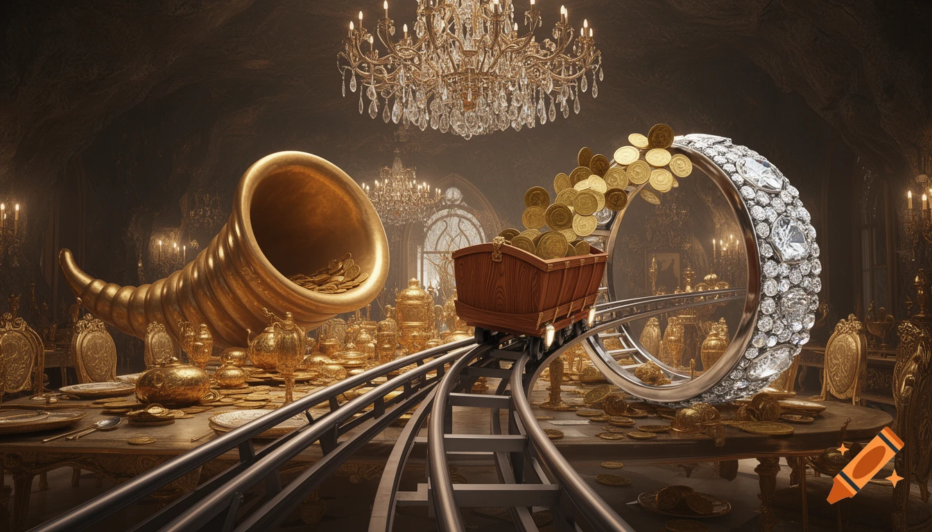 A realistic fantasy image of a mine cart on tracks, a golden cornucopia, and a diamond bracelet on a rich dining table with gold coins in a grand room.