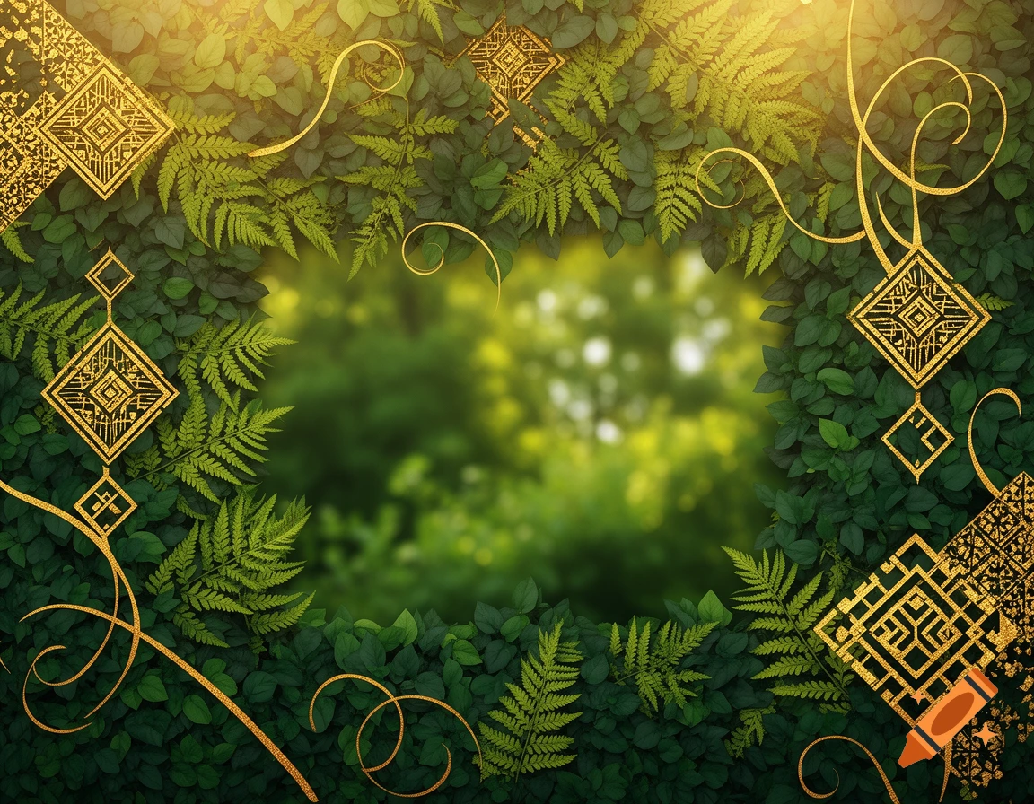 A frame of green leaves and ferns with golden light, adorned with glittery gold swirling lines and art deco patterns.
