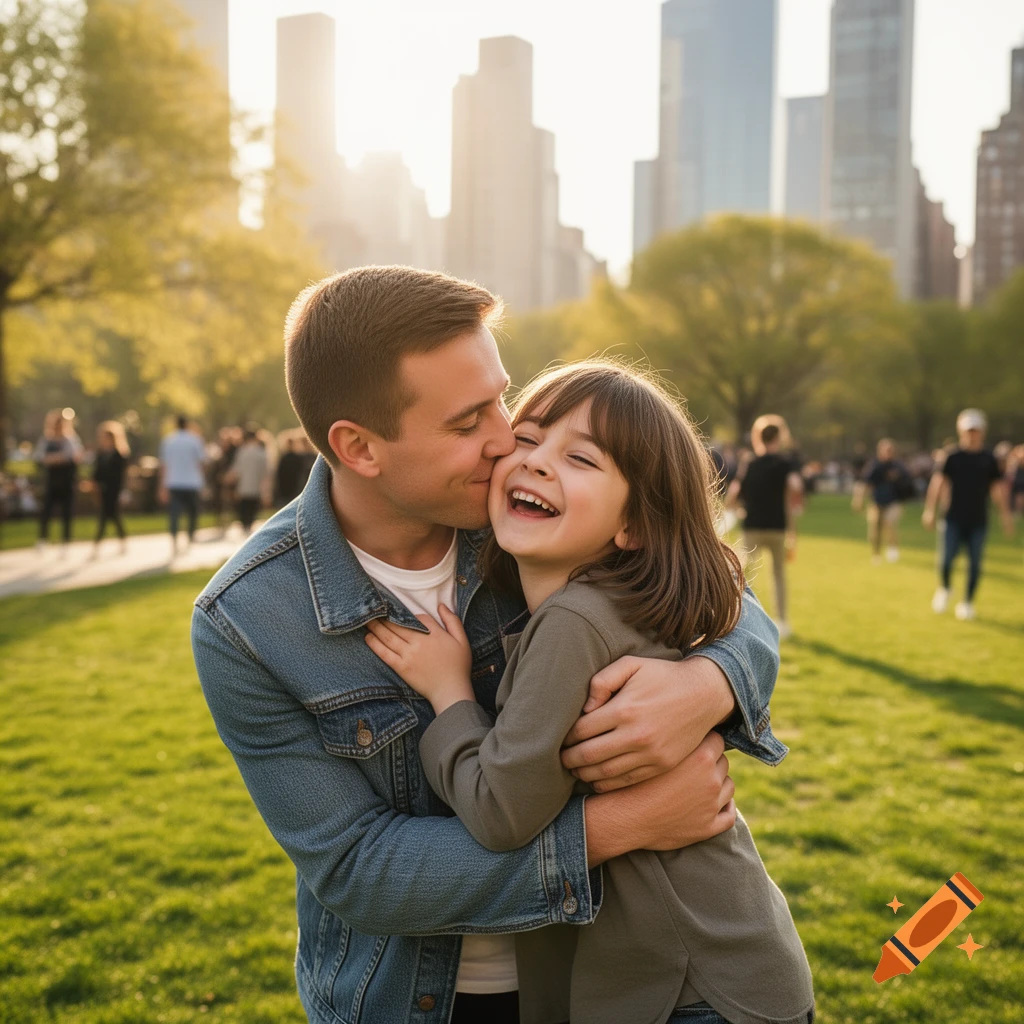 A smiling man kisses a laughing young girl on the cheek, hugging in a sunny park with a city skyline in the background.