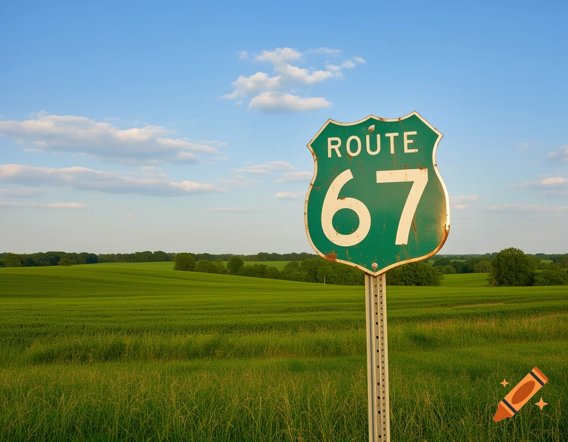 A green Route 67 sign stands in a vast green field under a blue sky with scattered clouds, in a photorealistic style.