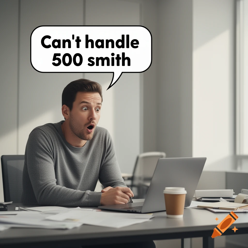 A surprised man looks at his laptop in an office, with a speech bubble saying 'Can't handle 500 smith'.